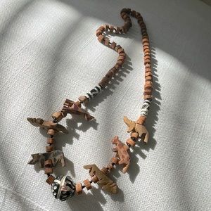 Beaded Necklace with Carved Wood Animals from Africa Rhino Zebra Giraffe